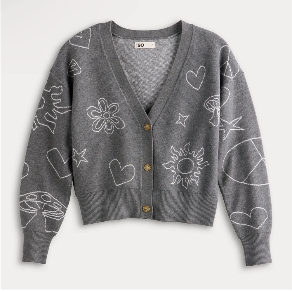 SO Gray V-Neck Button Cardigan Sweater with White Graphic Stitching